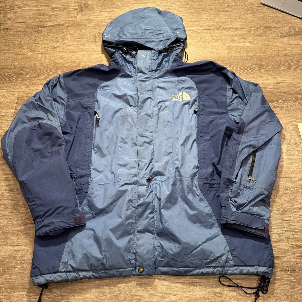 Vintage The North Face Jacket Mens XL Blue Gore-Tex Hooded Full Zip Logo Shell